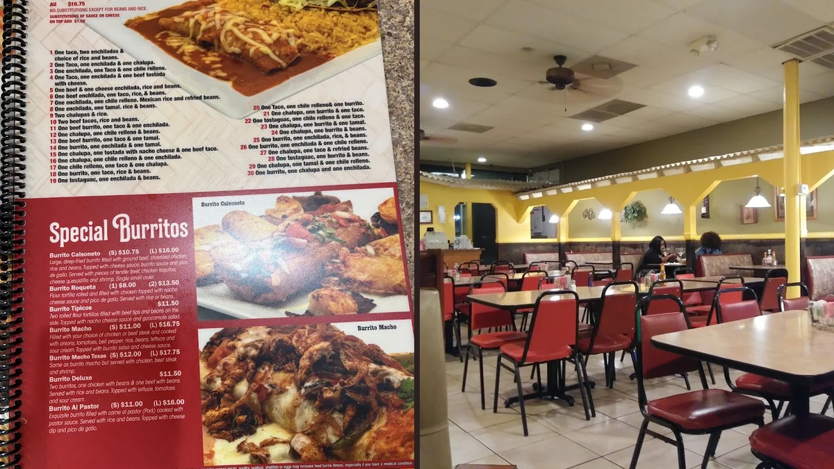Mexican restaurant interior with warm seating.